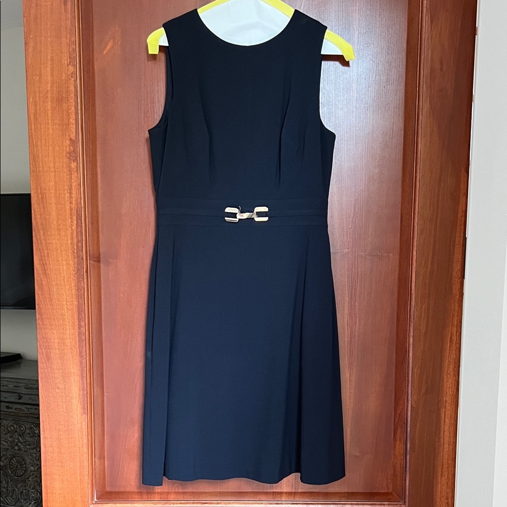 Tahari ASL Navy Midi Dress with Gold Buckle